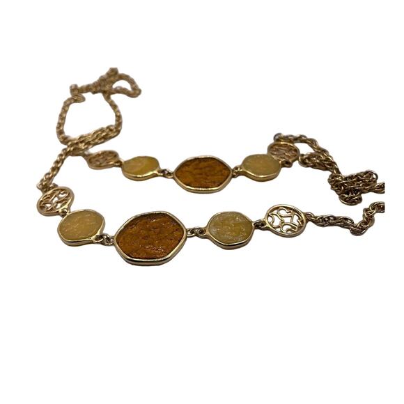 Sarah Cov Necklace Brown yellow and Gold Tone Circle accents on Gold Tone Chain. - Picture 2 of 4